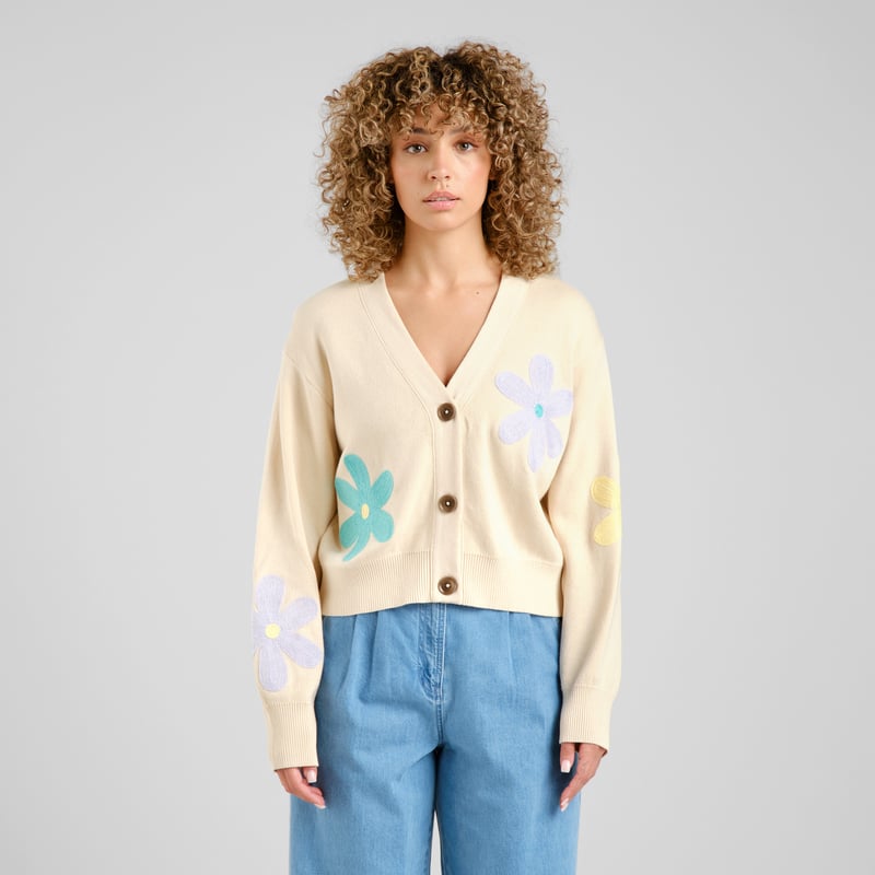Cardigan Kanan Application Flower Vanilla White