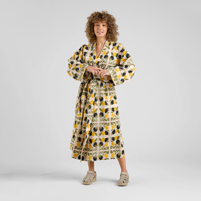 Glabo Bathrobe Lemon Tiles Oat White