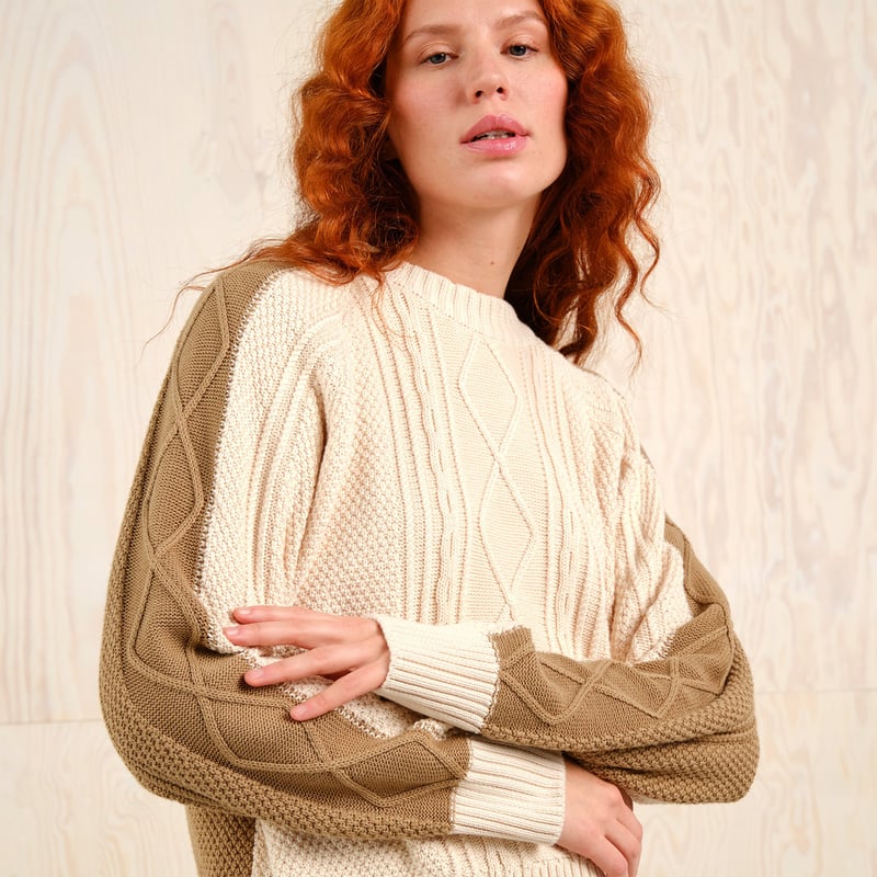 Sweater Husie Cable Knit Vanilla White/Kelp Beige