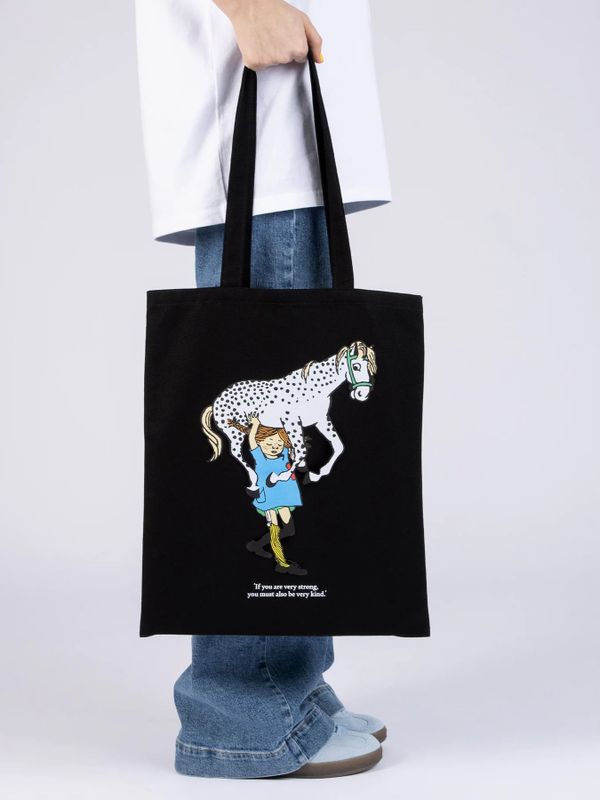 Totebag Pippi Longstocking lifting horse- black