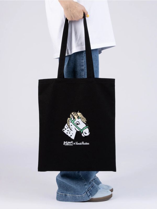 Totebag Pippi Longstocking lifting horse- black