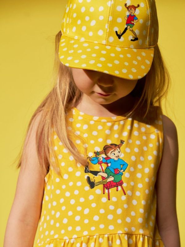 Barnkeps Pippi Långstrump prickig - Gul