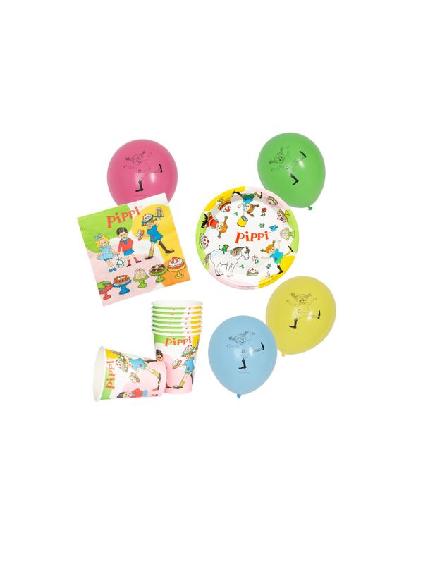 Pippi Longstocking Small Party-kit - Cups, plates, napkins & balloons