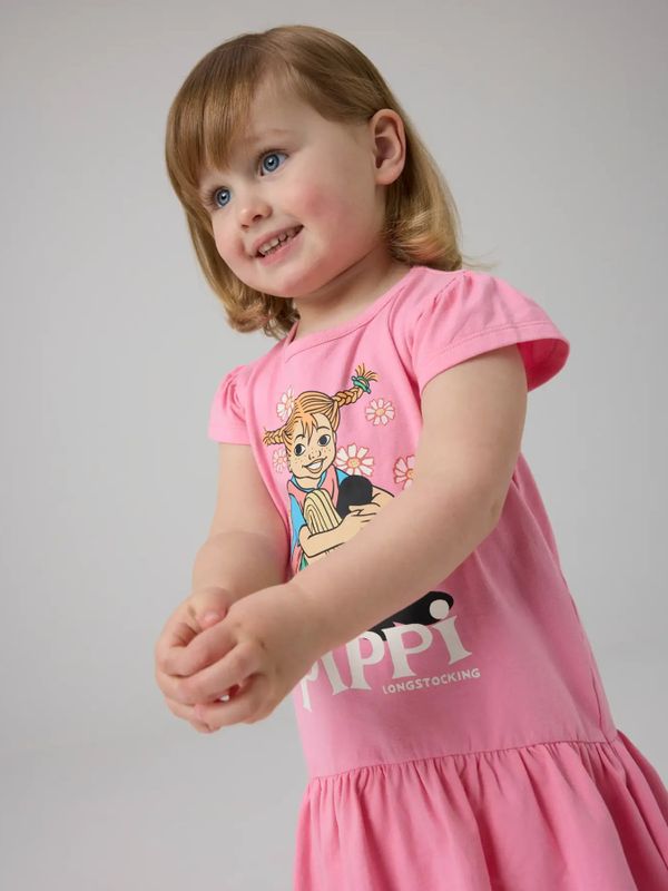 Kortärmad klänning Pippi Långstrump Blommor - Rosa