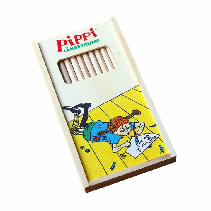 Colour pencils in wooden box Pippi writing