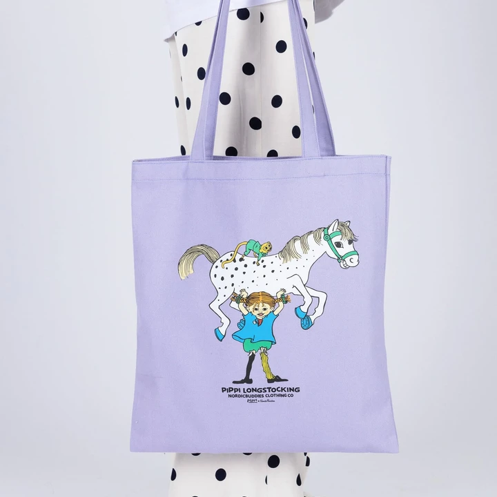 Totebag Pippi Longstocking Lifting Little Old Man - Purple
