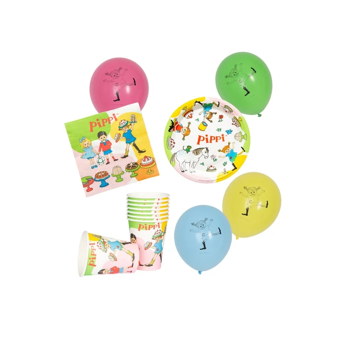 Pippi Longstocking Small Party-kit - Cups, plates, napkins & balloons