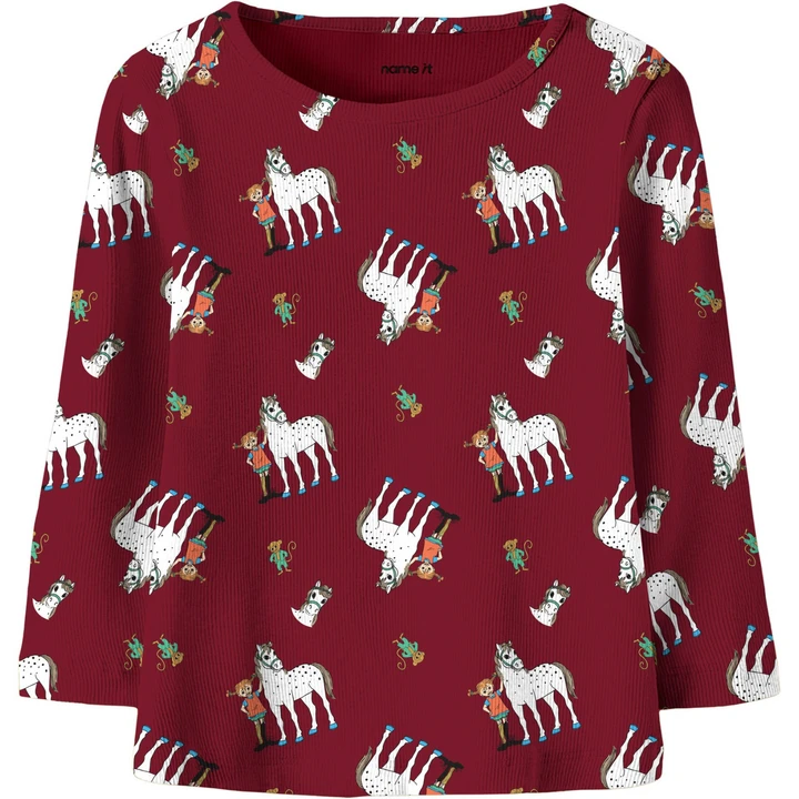 Ribbstickad långärmad topp Pippi Långstrump - Röd