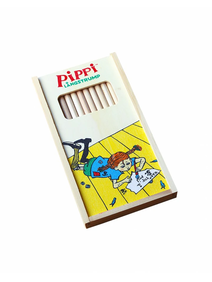 Colour pencils in wooden box Pippi writing